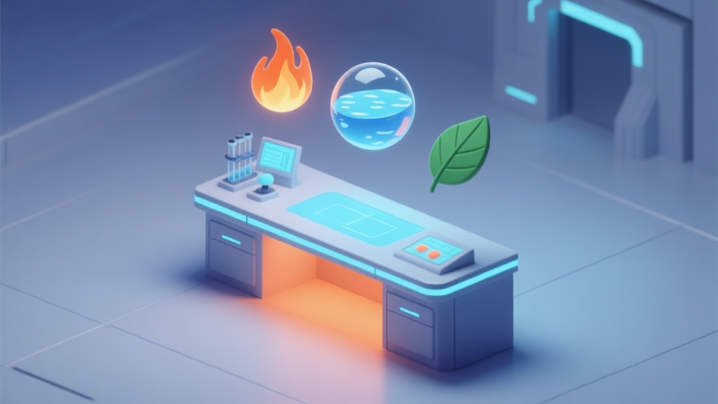 A minimalist isometric illustration of a futuristic laboratory with floating elemental orbs (fire, water, leaf) above a sleek console, soft blue and orange glow, clean lines, digital concept art style high quality illustration, detailed, 16:9