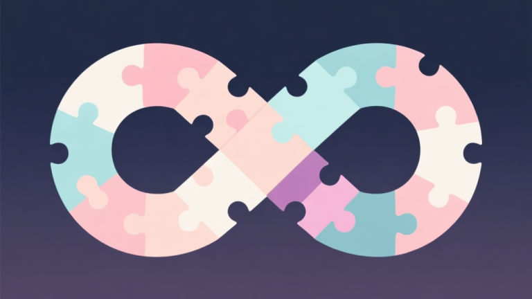 自动生成图片: Abstract geometric composition with overlapping puzzle pieces forming an infinite loop, soft pastel colors, modern minimal style, professional game concept illustration high quality illustration, detailed, 16:9