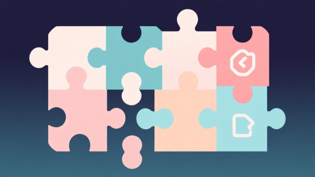 Abstract geometric composition with overlapping shapes representing classic puzzle pieces and modern simple icons, soft pastel colors, modern minimal style, professional concept illustration of game evolution high quality illustration, detailed, 16:9