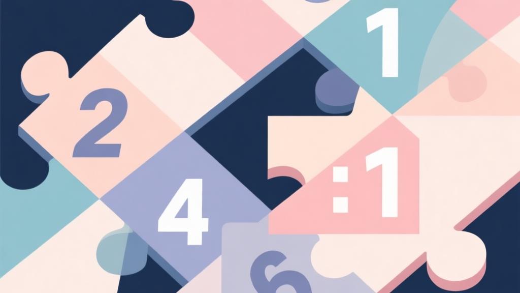 Abstract geometric composition with overlapping numbers and shapes, soft pastel colors, modern minimal style, professional business concept illustration of puzzle game growth high quality illustration, detailed, 16:9