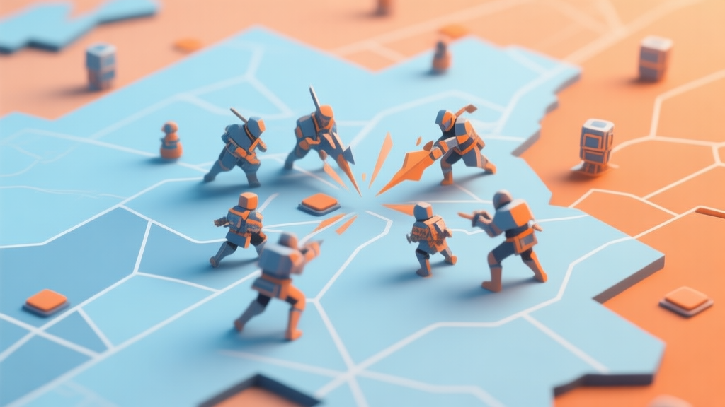 Abstract geometric composition representing strategy game conflict, with small intricate units clashing on a minimalist map, soft blue and orange color scheme, modern digital art style high quality illustration, detailed, 16:9