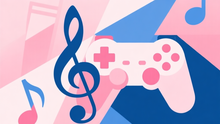 自动生成图片: Abstract geometric composition with overlapping music notes and stylized game controller shapes, soft pastel pink and blue colors, modern minimal style, professional gaming concept illustration high quality illustration, detailed, 16:9