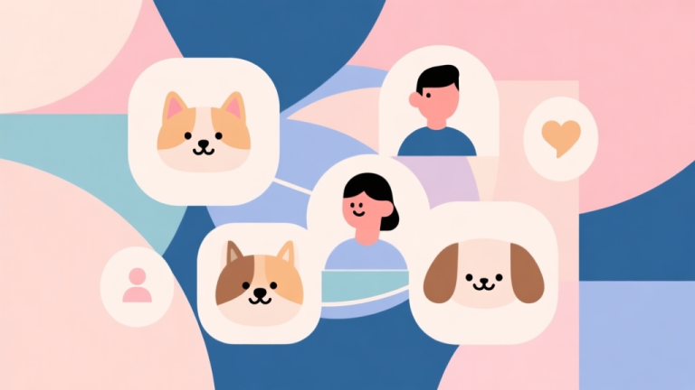 自动生成图片: Abstract geometric composition with overlapping cute pet icons and human avatars, soft pastel colors, modern minimal style, social connection concept illustration high quality illustration, detailed, 16:9