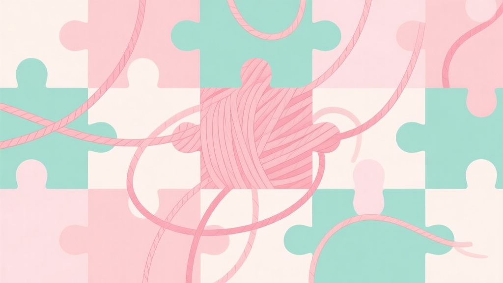 Abstract geometric composition with tangled and untangled yarn lines, soft pastel colors like pink and mint green, clean minimal style, puzzle game concept illustration high quality illustration, detailed, 16:9