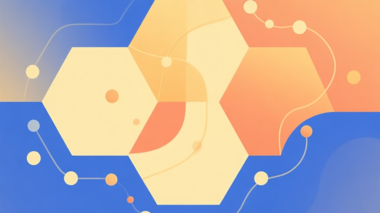 自动生成图片: Abstract geometric composition with overlapping hexagons and flowing dots in soft yellow, orange, and blue gradients, clean minimal style, representing puzzle sorting and logical flow high quality illustration, detailed, 16:9
