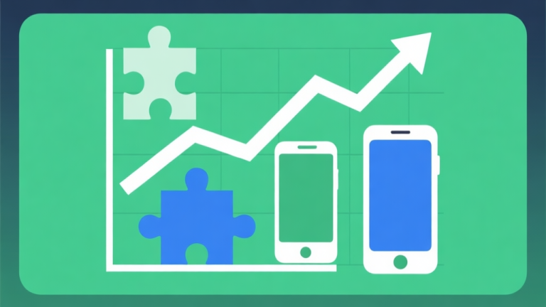 自动生成图片: Upward trending graph with simple geometric elements representing puzzle pieces and mobile devices, green and blue color palette, clean business infographic style, minimal design high quality illustration, detailed, 16:9