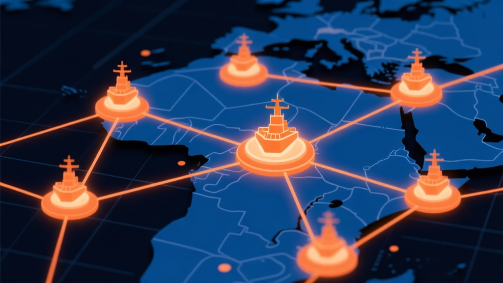 Abstract network nodes connected by lines over a map, glowing battleship icons, dark blue and strategic orange color scheme, clean minimal illustration, modern digital strategy concept high quality illustration, detailed, 16:9