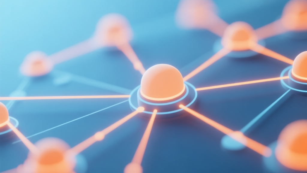 Abstract network nodes connected by lines, glowing connections representing community hype, soft blue and orange color scheme, clean minimal illustration, modern digital concept of anticipation high quality illustration, detailed, 16:9
