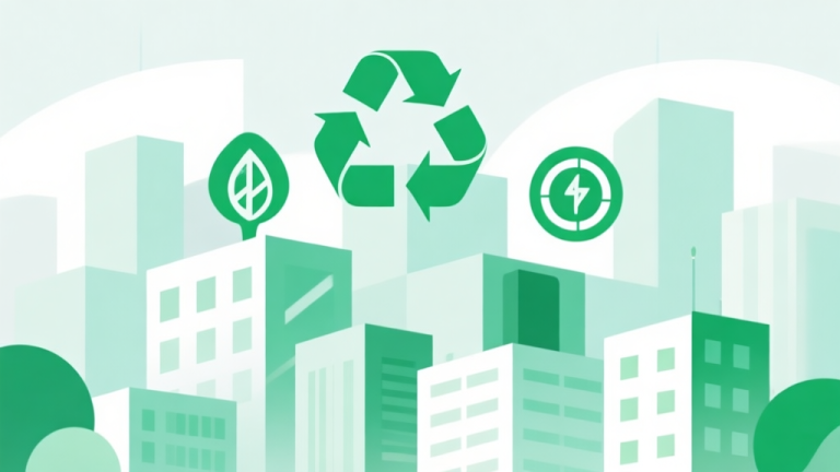 自动生成图片: Abstract geometric composition representing a sustainable city, with green energy icons, recycling symbols, and clean buildings, soft pastel colors, modern minimal style, professional business concept illustration high quality illustration, detailed, 16:9