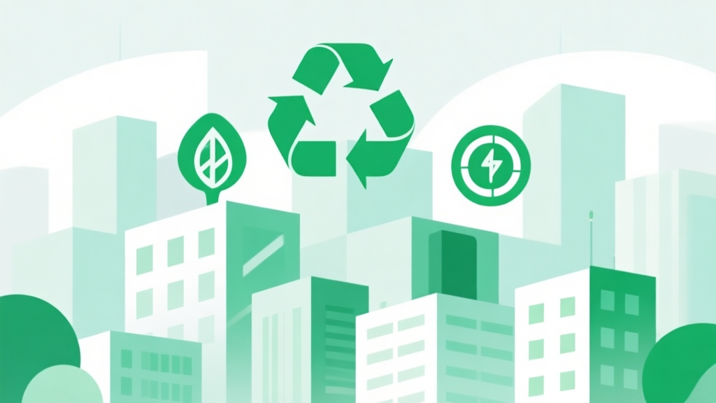 Abstract geometric composition representing a sustainable city, with green energy icons, recycling symbols, and clean buildings, soft pastel colors, modern minimal style, professional business concept illustration high quality illustration, detailed, 16:9