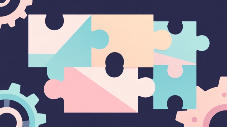 自动生成图片: Abstract geometric composition with interlocking puzzle pieces and gears, soft pastel colors, modern minimal style, professional game design concept illustration high quality illustration, detailed, 16:9