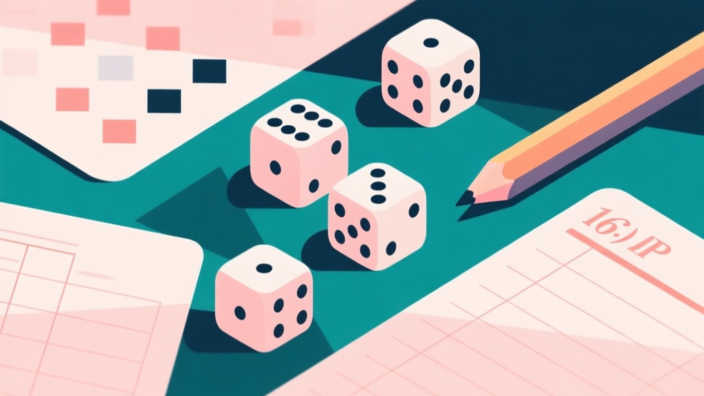 Abstract geometric composition with overlapping dice, pencil, and score sheets, soft pastel colors, modern minimal style, professional game concept illustration high quality illustration, detailed, 16:9