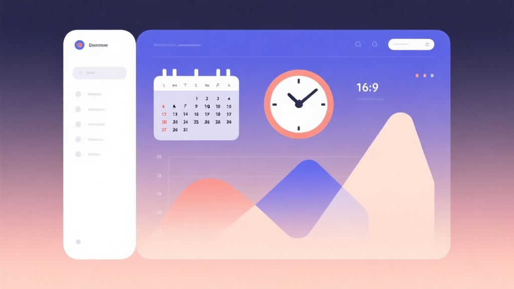Minimalist business dashboard with abstract data visualization showing calendar dates and clock icons, soft gradient background, professional color scheme, clean geometric shapes, flat design style high quality illustration, detailed, 16:9