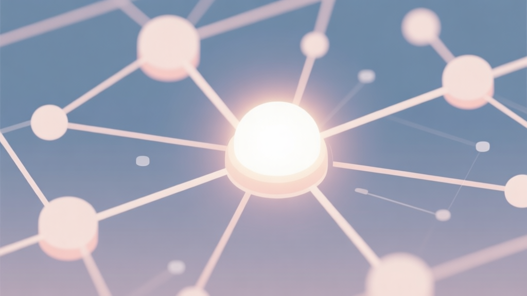 Abstract network nodes connected by lines, one central node glowing brightly, soft color scheme, clean minimal illustration, modern digital concept of information flow and control high quality illustration, detailed, 16:9