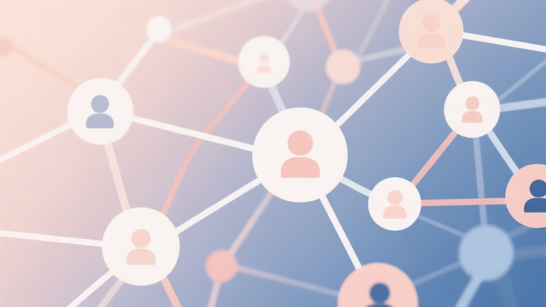 自动生成图片: Abstract network nodes connected by lines, soft color scheme, clean minimal illustration, modern digital concept of social connection and community high quality illustration, detailed, 16:9