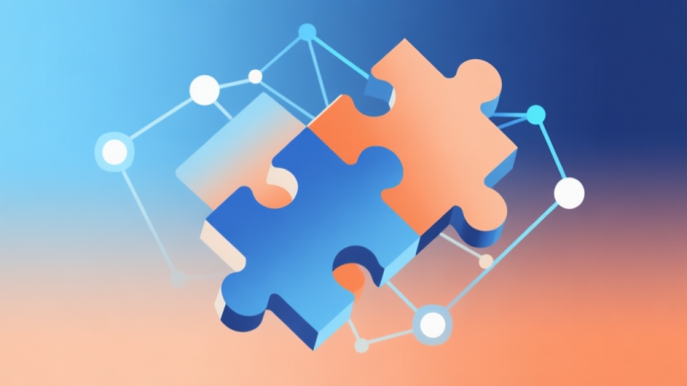 自动生成图片: Abstract geometric composition with overlapping puzzle blocks and digital network nodes, soft gradient of blue and orange, clean minimal style, modern game concept illustration high quality illustration, detailed, 16:9