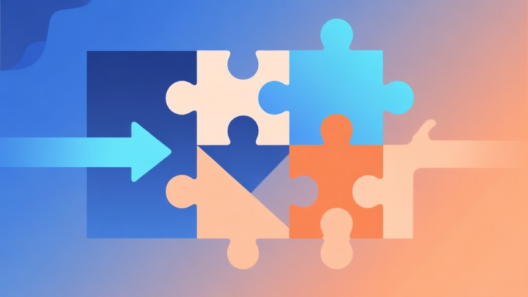 自动生成图片: Abstract geometric composition with overlapping puzzle pieces and arrows, soft gradient background of blue and orange, clean minimal design, modern game concept illustration high quality illustration, detailed, 16:9