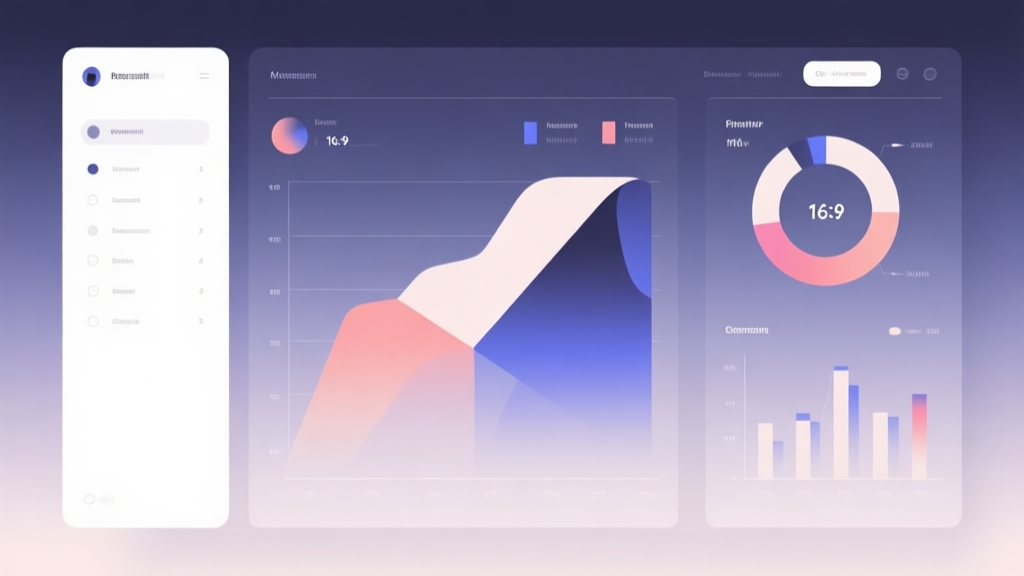 Minimalist business dashboard with abstract data visualization, soft gradient background, professional color scheme, clean geometric shapes, flat design style high quality illustration, detailed, 16:9