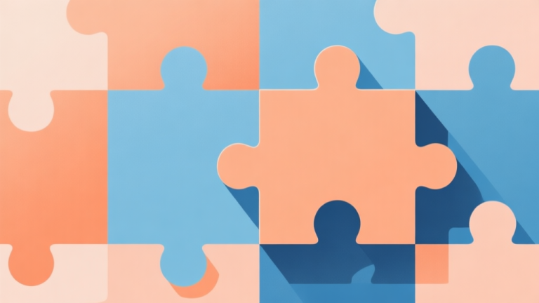 自动生成图片: Abstract geometric composition with overlapping shapes representing puzzle pieces, soft orange and blue pastel colors, modern minimal style, professional business concept illustration of nostalgia and modern technology high quality illustration, detailed, 16:9