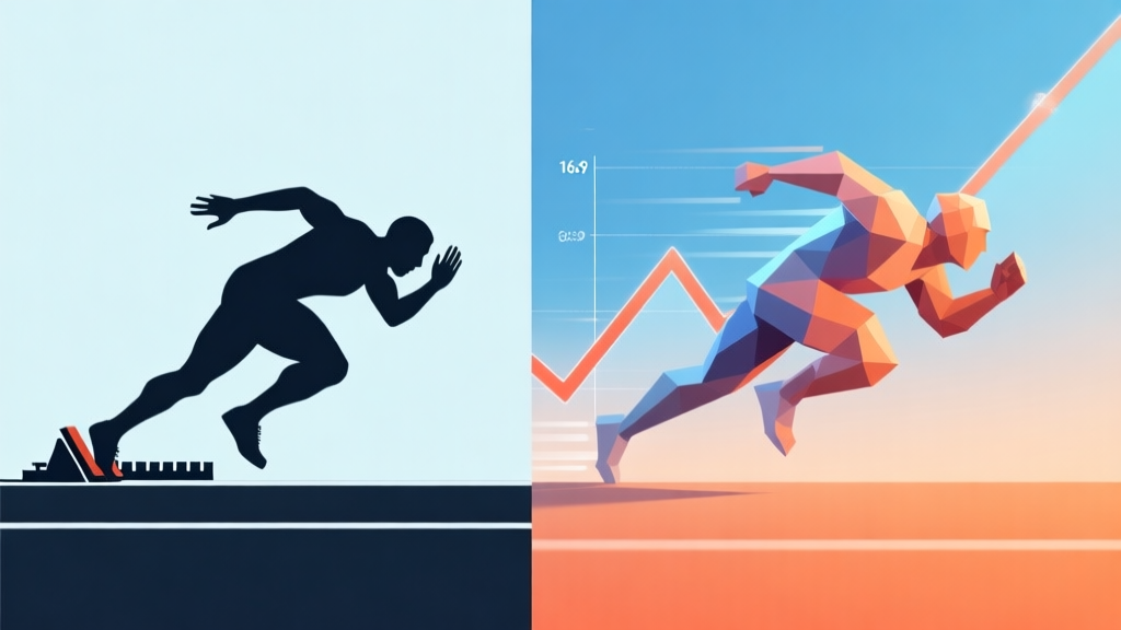 Abstract split-screen concept: left side shows minimalist silhouette of an Olympic sprinter at the starting block, right side shows a dynamic, low-polygonal racer from a video game, connected by a speed line graph, soft gradient background of blue and orange, clean digital art style high quality illustration, detailed, 16:9