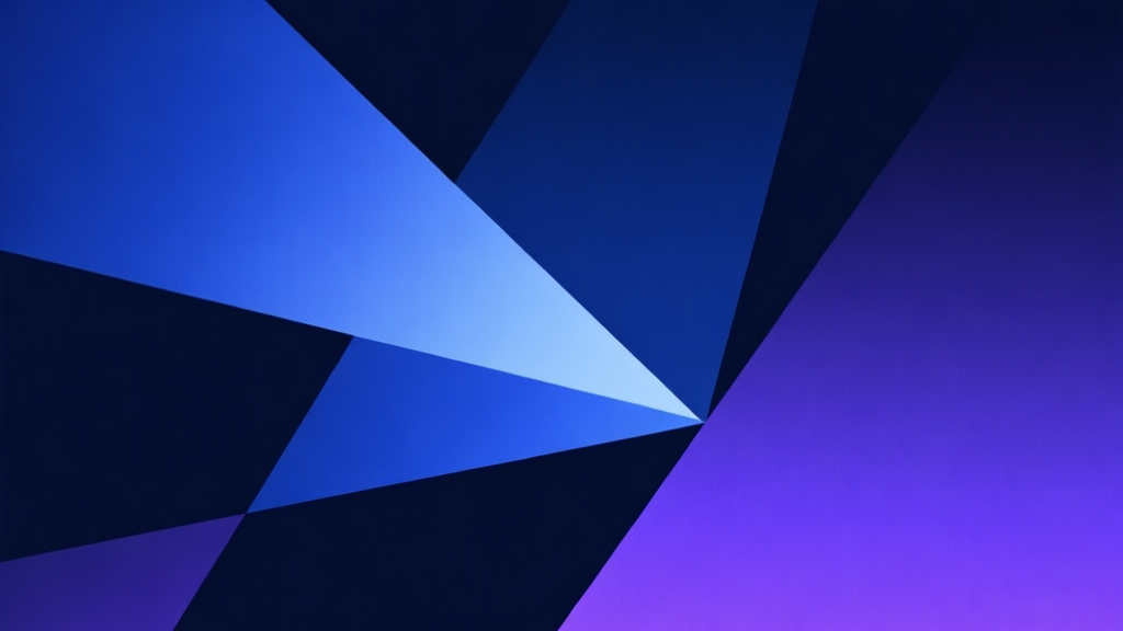Abstract geometric composition with overlapping dark and light shapes, deep blue and purple gradient, sharp angular design elements, representing a challenging new chapter in a game, minimalist style high quality illustration, detailed, 16:9