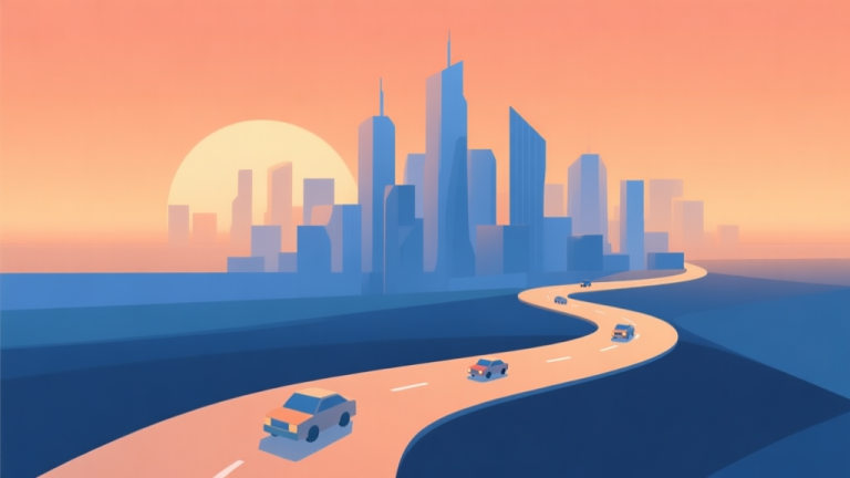 自动生成图片: Abstract geometric composition of a stylized city skyline with winding roads and small car icons, soft gradient of orange and blue sunset colors, clean minimal design, professional game concept illustration high quality illustration, detailed, 16:9