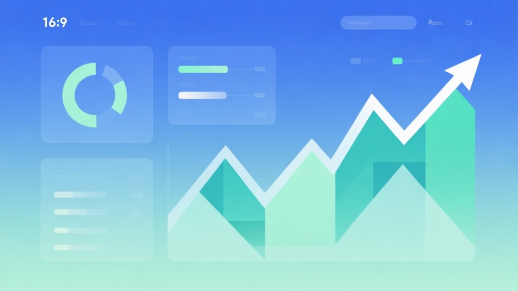 Minimalist business dashboard with abstract data visualization showing upward trends, soft gradient background in blue and green, professional color scheme, clean geometric shapes representing growth and market segments high quality illustration, detailed, 16:9