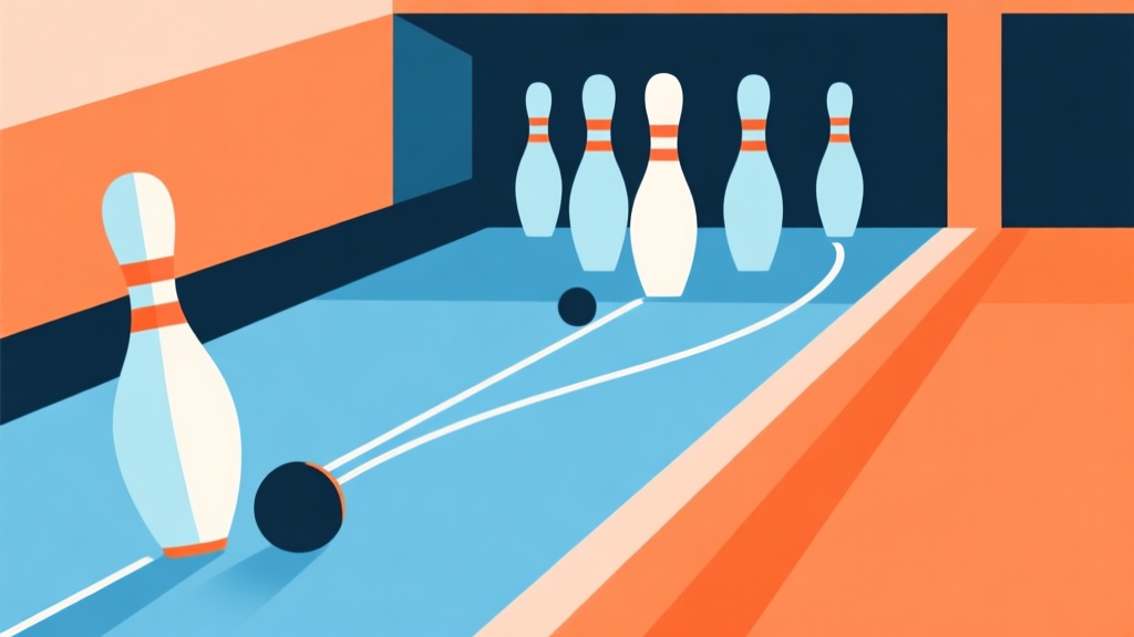 Abstract geometric composition showing the difference between a straight ball path and a curved hook ball path hitting bowling pins, soft blue and orange color scheme, clean minimal design, professional sports concept illustration high quality illustration, detailed, 16:9