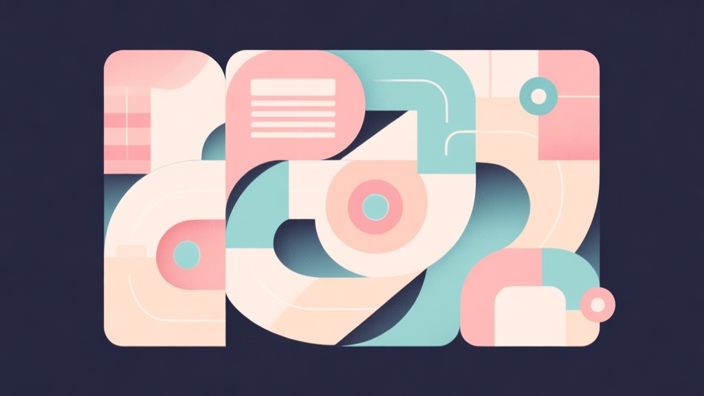 Abstract geometric composition with overlapping shapes in soft pastel colors, representing interconnected game design loops and nostalgic elements, modern minimal style, professional concept illustration high quality illustration, detailed, 16:9