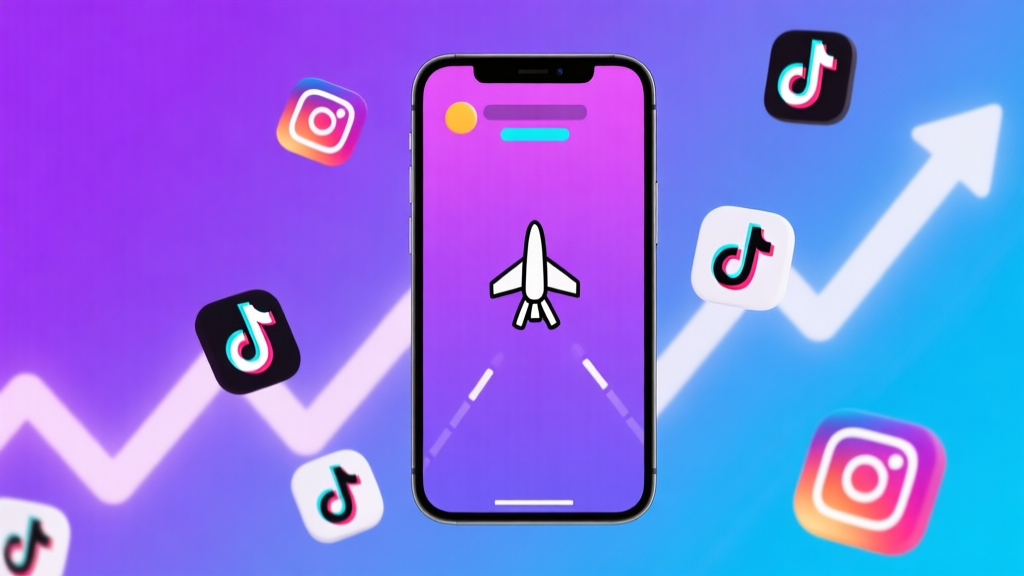 A vibrant, minimalist smartphone screen showing a simple stick-figure jet game, surrounded by floating TikTok logo icons and upward trending graph lines, on a gradient purple and blue background, social media viral concept high quality illustration, detailed, 16:9