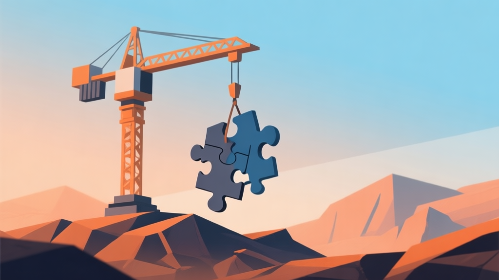Abstract geometric composition showing a crane lifting a complex puzzle piece over a rugged terrain, soft orange and blue gradient background, modern minimal style, professional gaming concept illustration high quality illustration, detailed, 16:9