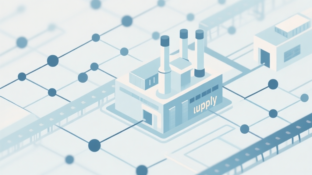 Abstract network nodes connected by lines, soft color scheme, clean minimal illustration, modern digital concept of a complex factory supply chain high quality illustration, detailed, 16:9
