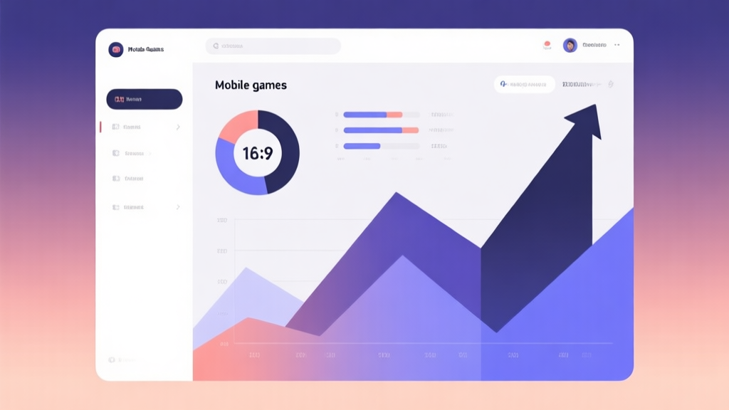 Minimalist business dashboard with abstract data visualization showing upward trends for mobile games, soft gradient background, professional color scheme, clean geometric shapes, flat design style high quality illustration, detailed, 16:9