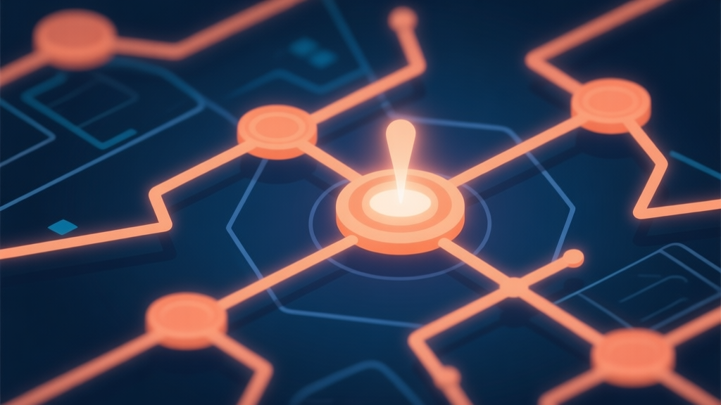 Abstract network nodes connected by lines, glowing extraction point in the center, soft orange and dark blue color scheme, clean minimal illustration, modern digital concept of a game map high quality illustration, detailed, 16:9