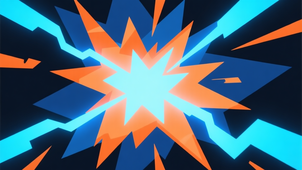 Abstract geometric composition with overlapping explosive shapes and energy beams, glowing blue and orange color scheme, dynamic minimal style, representing ultimate skills and power in video games high quality illustration, detailed, 16:9