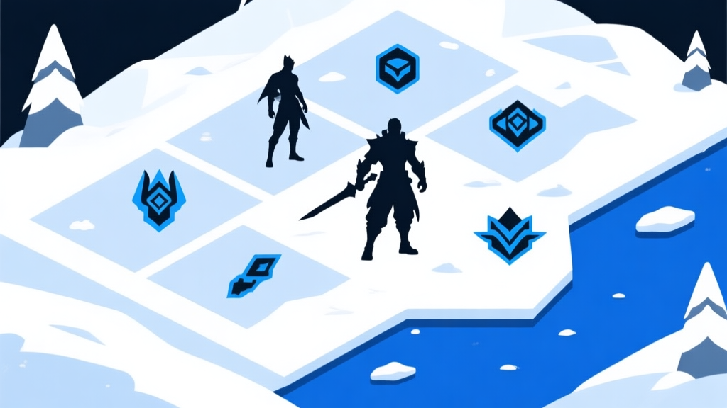 A dynamic, minimalist esports infographic showing character silhouettes, item icons, and a snowy map zone, arranged in a clean geometric layout with a cool blue and white color scheme, professional gaming style high quality illustration, detailed, 16:9