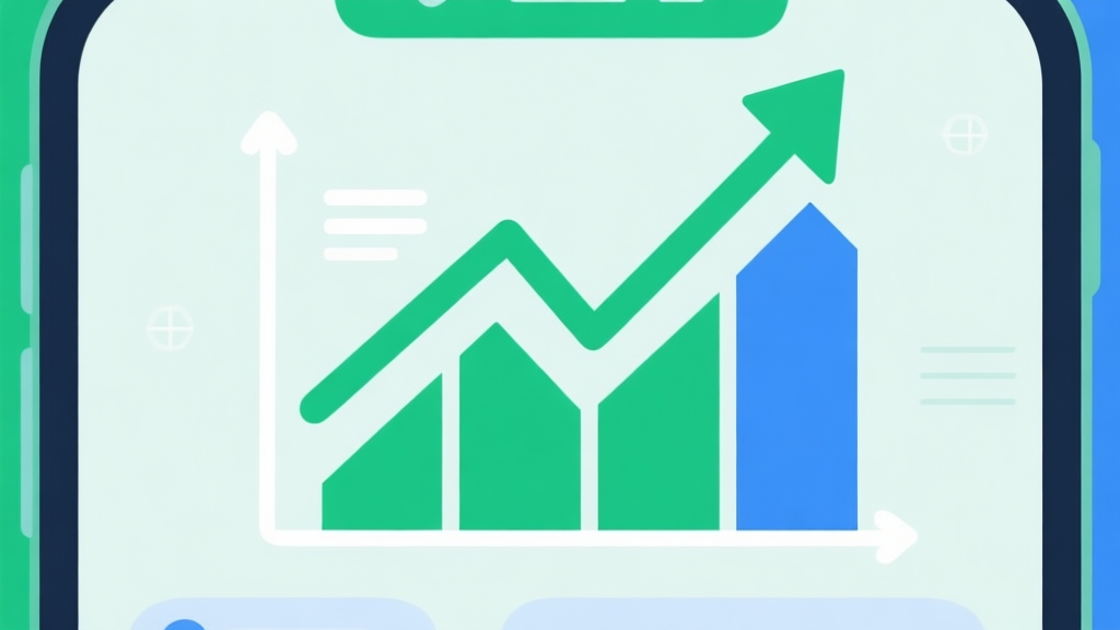 Upward trending graph with simple geometric elements, green and blue color palette, clean business infographic style, minimal design, representing mobile game growth high quality illustration, detailed, 16:9