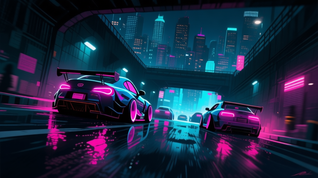A dynamic, stylized night scene of an underground street race, viewed from a low angle. Neon lights from modified cars reflect on wet asphalt, with a dense urban skyline in the blurred background. Digital art style, high contrast, vibrant neon colors against dark tones. high quality illustration, detailed, 16:9
