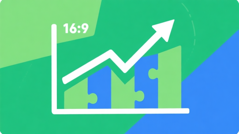 自动生成图片: Upward trending graph with simple geometric elements, green and blue color palette, clean business infographic style, minimal design, representing growth of puzzle game popularity high quality illustration, detailed, 16:9