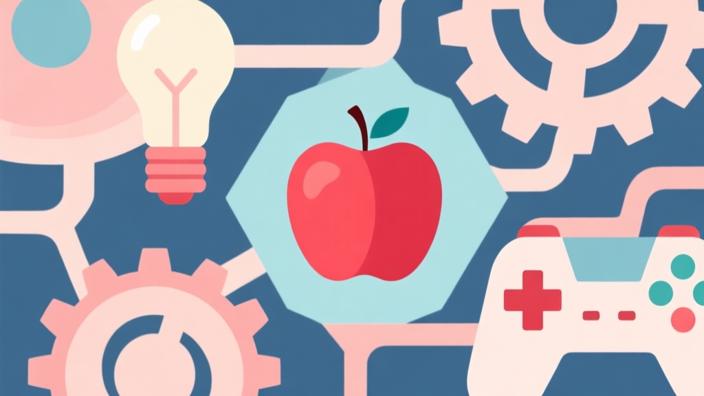 Abstract geometric composition with a single red apple at the center, surrounded by interconnected gears, light bulbs, and controller shapes in soft pastel colors, modern minimal style, professional game design concept illustration high quality illustration, detailed, 16:9