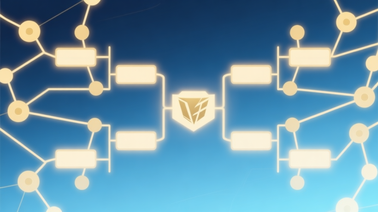 自动生成图片: Abstract network nodes connected by lines, glowing esports tournament brackets, soft blue and gold color scheme, clean minimal illustration, modern digital competition concept high quality illustration, detailed, 16:9