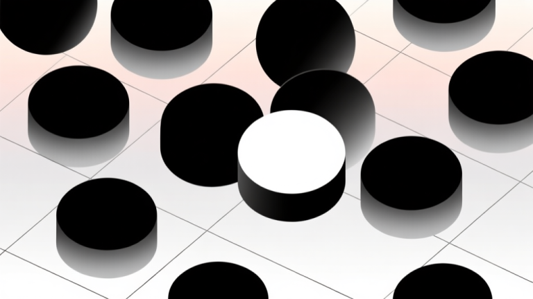自动生成图片: Abstract geometric composition with overlapping black and white circles on a grid, soft gradient background, representing Reversi pieces, clean minimal style, professional concept illustration high quality illustration, detailed, 16:9