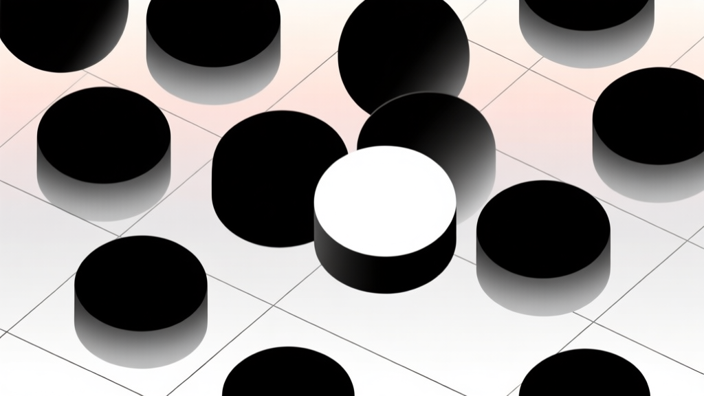 Abstract geometric composition with overlapping black and white circles on a grid, soft gradient background, representing Reversi pieces, clean minimal style, professional concept illustration high quality illustration, detailed, 16:9
