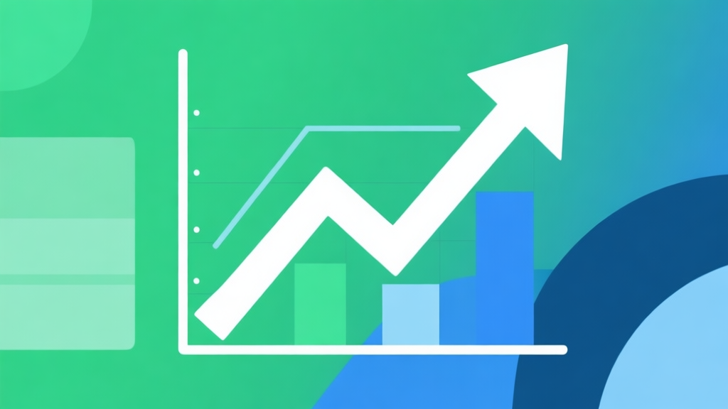 Upward trending graph with simple geometric elements, green and blue color palette, clean business infographic style, minimal design high quality illustration, detailed, 16:9
