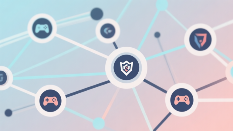 自动生成图片: Abstract network nodes connected by lines, soft color scheme, clean minimal illustration, modern digital concept representing connected gaming community and esports high quality illustration, detailed, 16:9