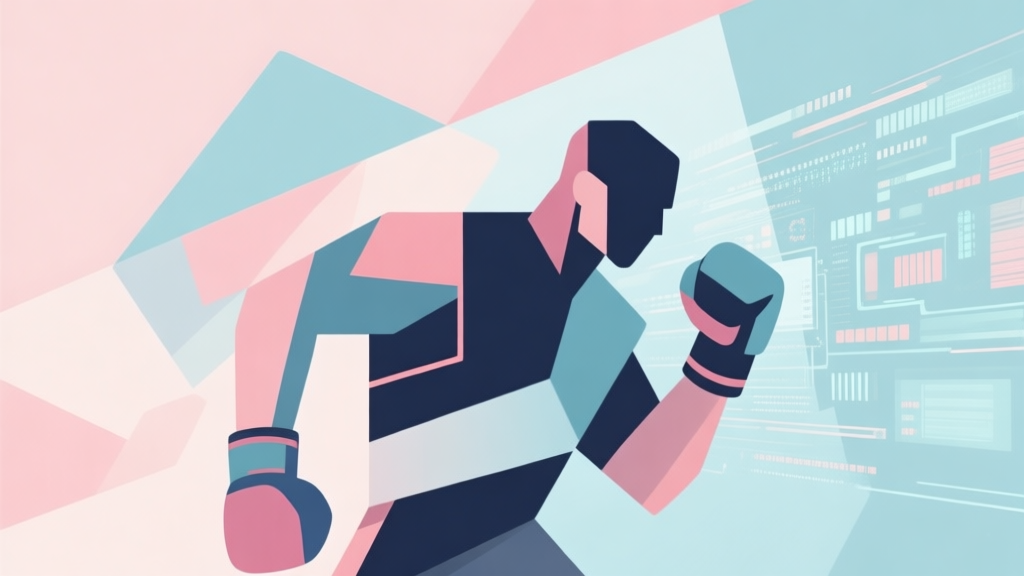 Abstract geometric composition with overlapping shapes representing a fighter and digital data, soft pastel colors, modern minimal style, professional sports tech concept illustration high quality illustration, detailed, 16:9