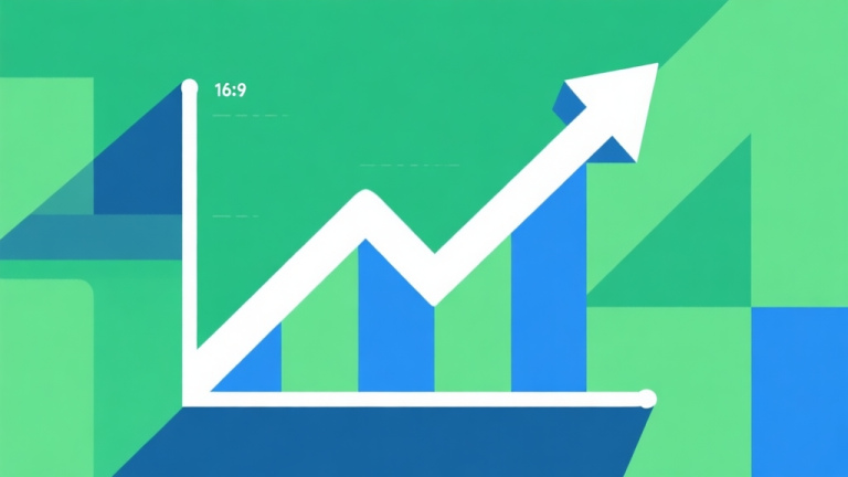 自动生成图片: Upward trending graph with simple geometric elements, green and blue color palette, clean business infographic style, minimal design, representing growth trend high quality illustration, detailed, 16:9