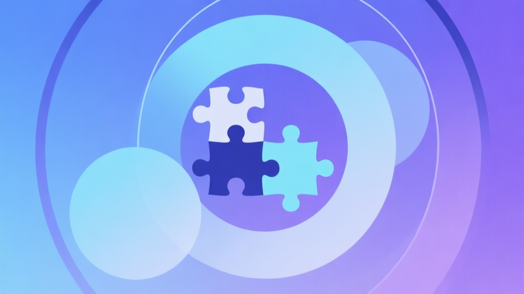 Abstract geometric composition with overlapping circles and puzzle pieces, soft gradient background of blue and purple, modern minimal style, representing game puzzle trends and data growth high quality illustration, detailed, 16:9