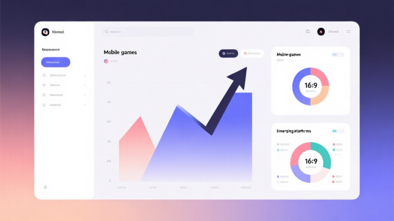 自动生成图片: Minimalist business dashboard with abstract data visualization showing upward trends for mobile games and emerging platforms, soft gradient background, professional color scheme, clean geometric shapes, flat design style high quality illustration, detailed, 16:9