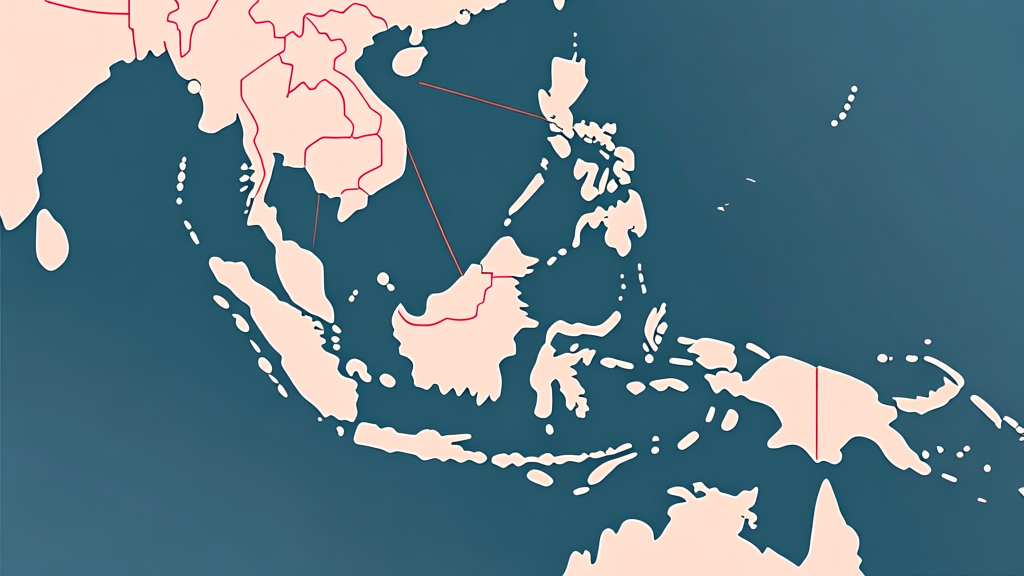 Abstract network nodes connected by lines over a map of Indonesia, soft color scheme, clean minimal illustration, modern digital logistics concept high quality illustration, detailed, 16:9
